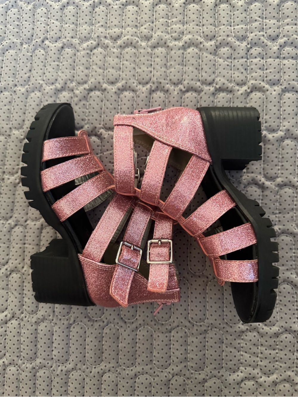 Kids Glitter Pink Chunky Heel Sandals with Buckle Straps